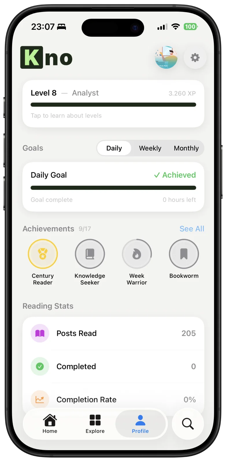 Profile page showing Level 8, achievements, and reading stats