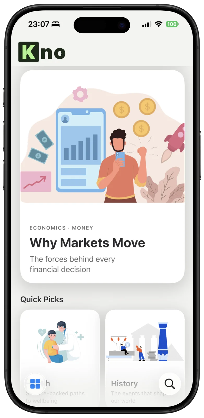 Explore page showing category cards like Economics and History